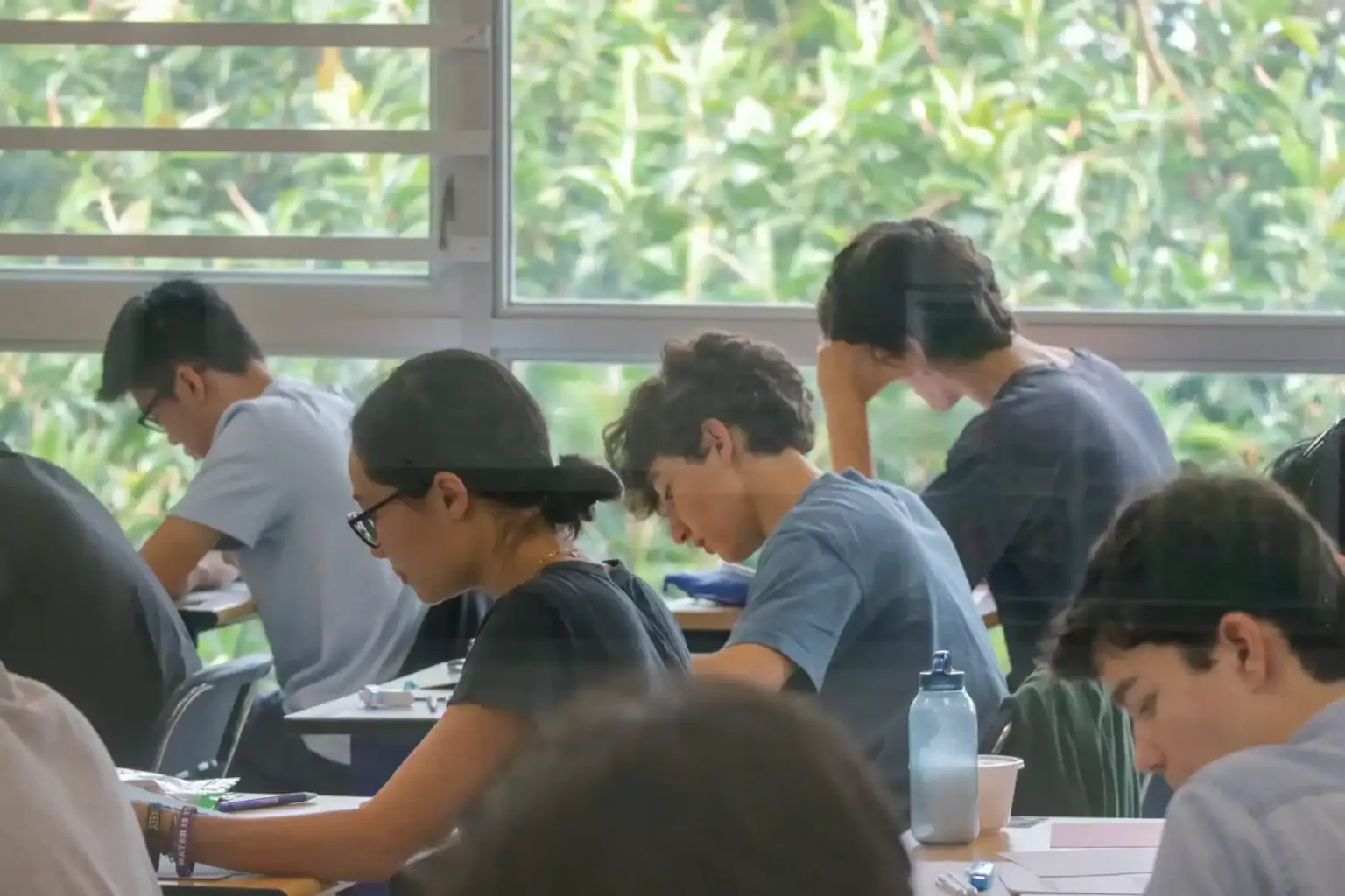 Alumnos centrados en el estudio en un entorno escolar verde al aire libre, haciendo hincapié en la educación global y la excelencia académica.