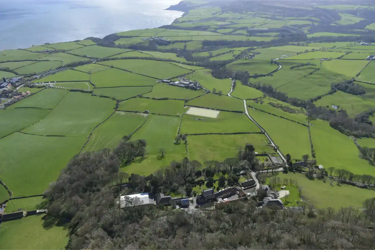 Campagna verde con campi e strade tortuose vicino alla costa.
