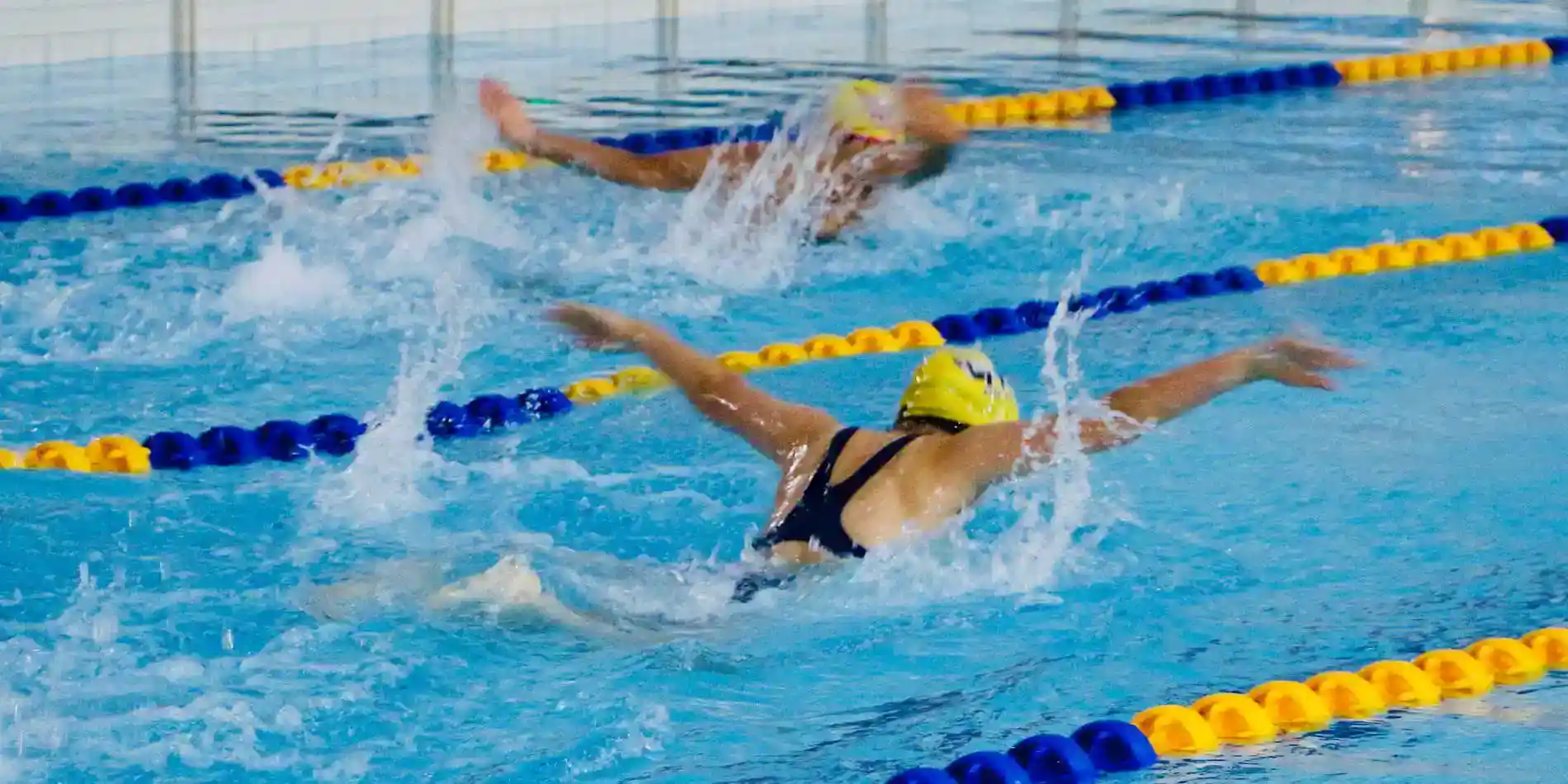 Swimmers competing in a pool, showcasing athleticism and teamwork at an international school sports event.