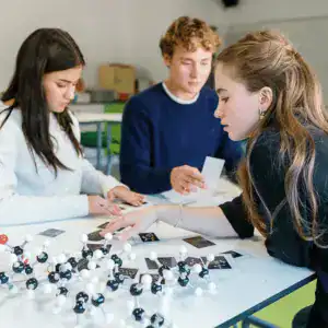 Students engaged in hands-on science experiment at a World Schools program.