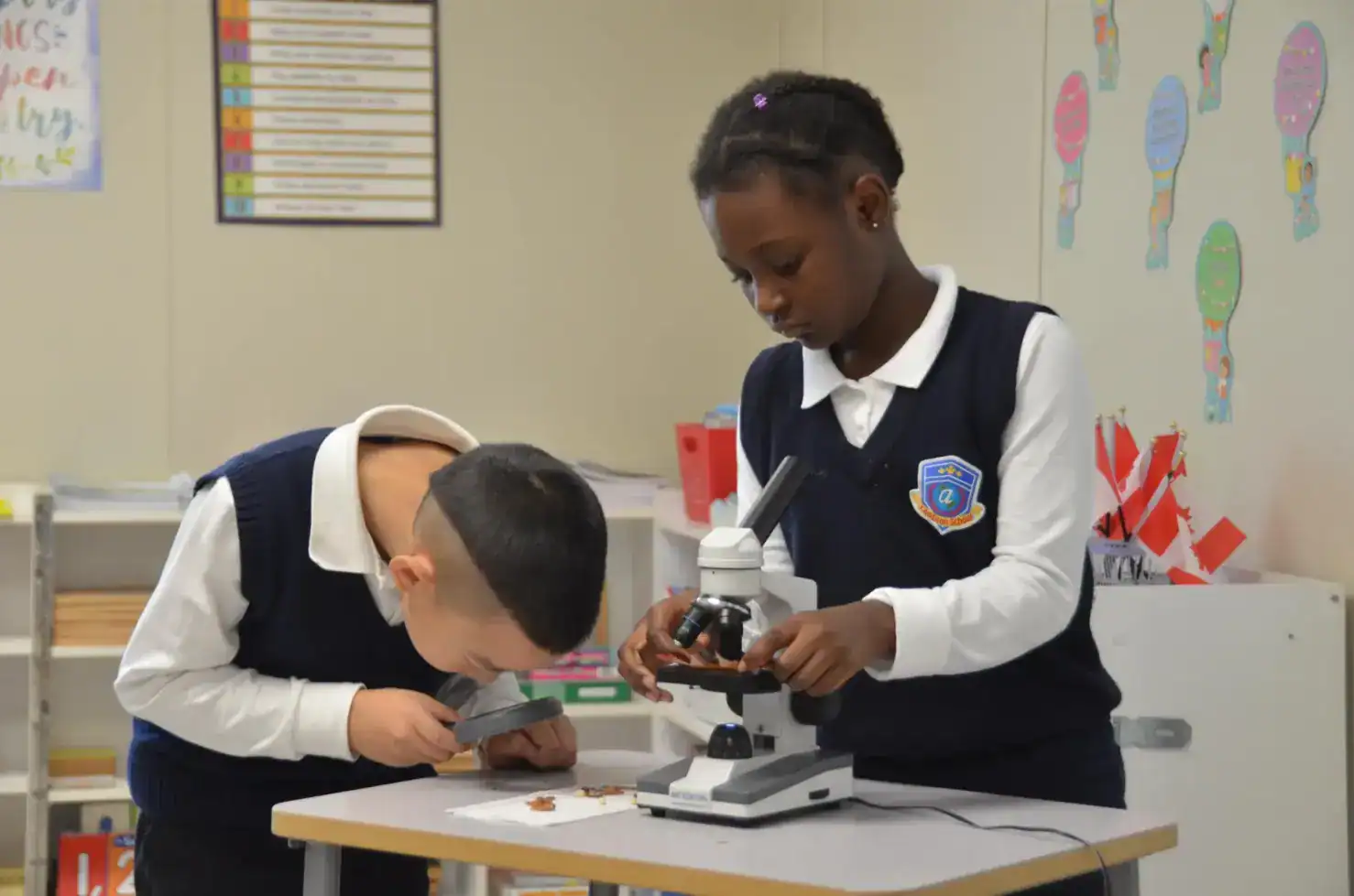 Focused students examining specimens using a microscope in a classroom setting.