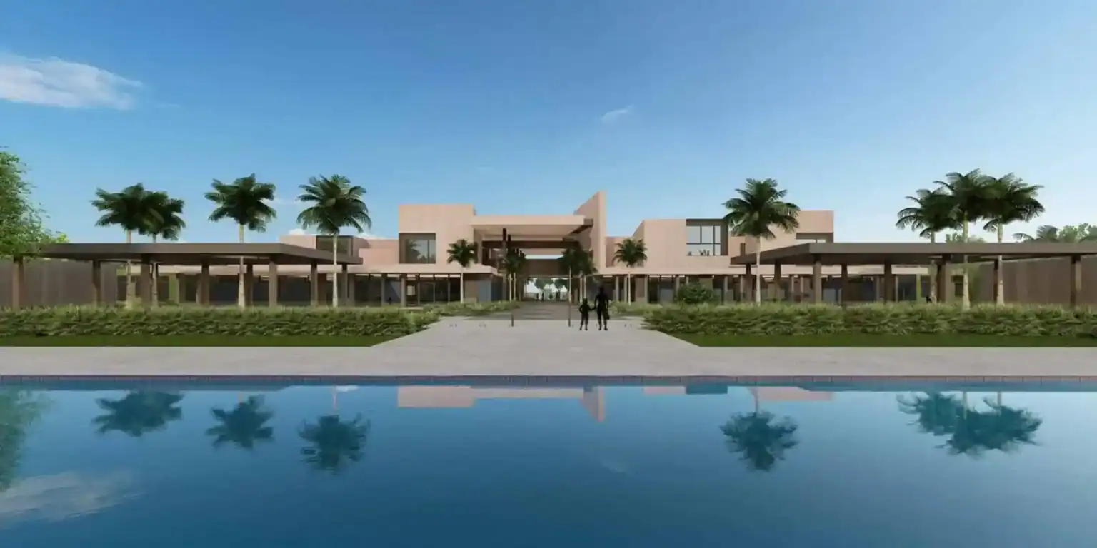 Luxurious modern World School building with tropical landscaping and swimming pool, perfect for international students.