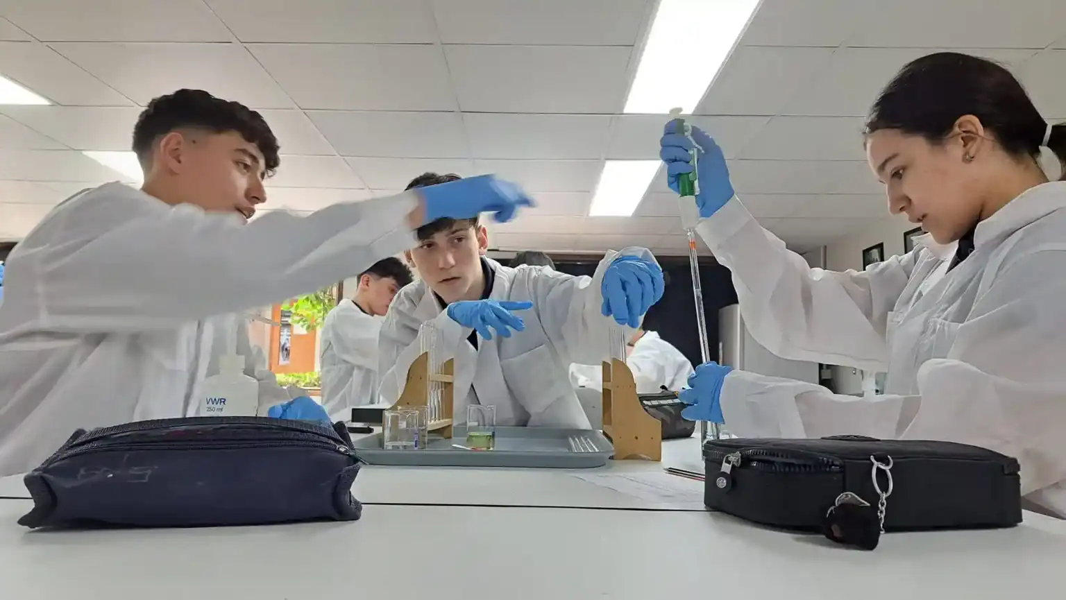 世界高等教育学校の実験室で科学実験を行う生徒たち。.