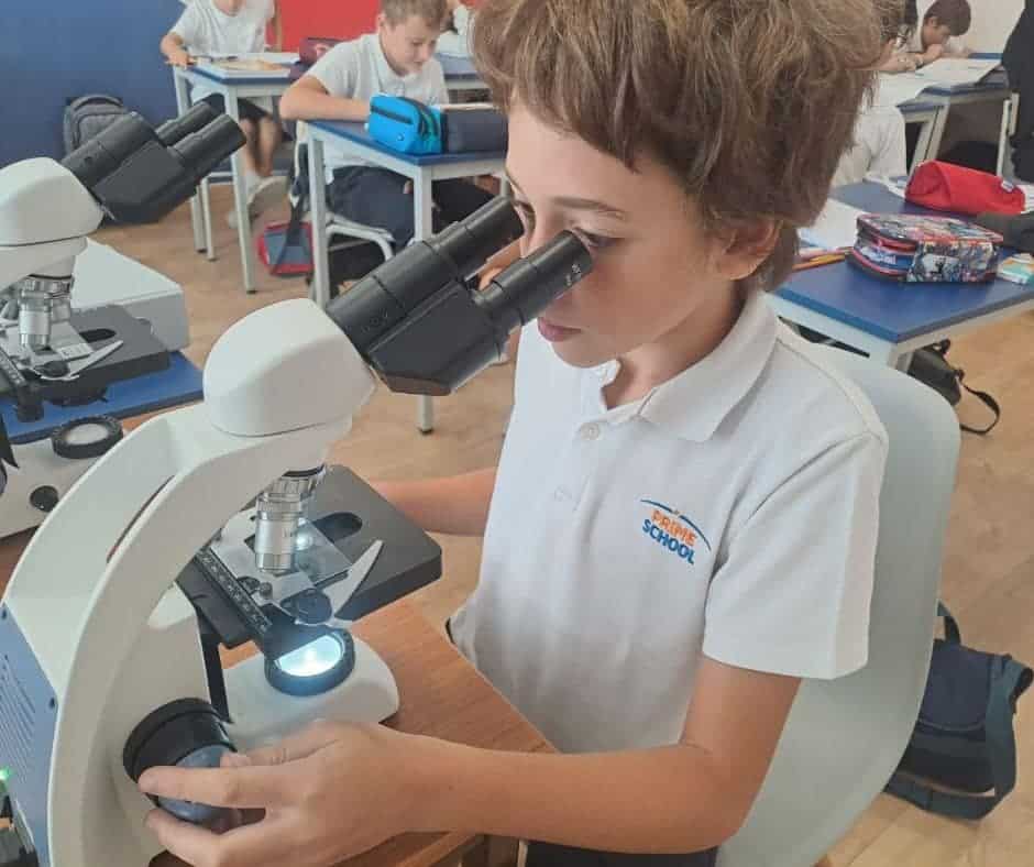 Microscope in classroom with children, science education, young student learning, STEM activities, school science lab, educational environment, modern classroom, student science experiment, school technology, young scientists.