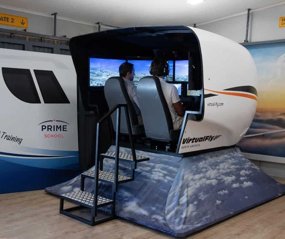 1. Flight simulation cockpit for pilot training at a modern aviation school.