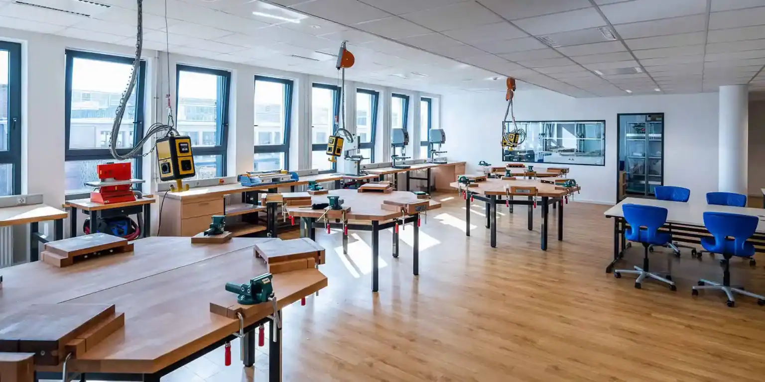 Modern school woodworking workshop with workbenches and tools for students learning carpentry skills.