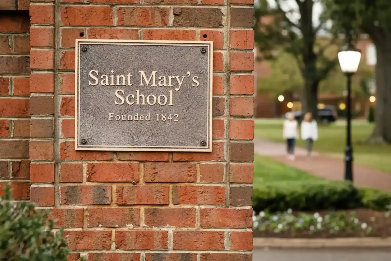 Historic Saint Mary's School brick sign in front of lush campus with students walking, established 1842, valued private education.