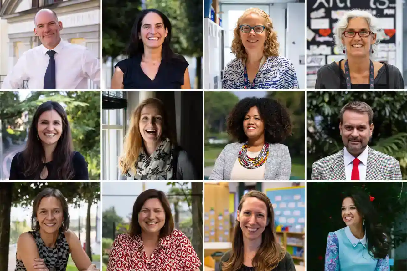 This Year at TASIS: 2023 41 Teacher staff diversity of different ages and ethnicities smiling outdoors and indoors at a school.