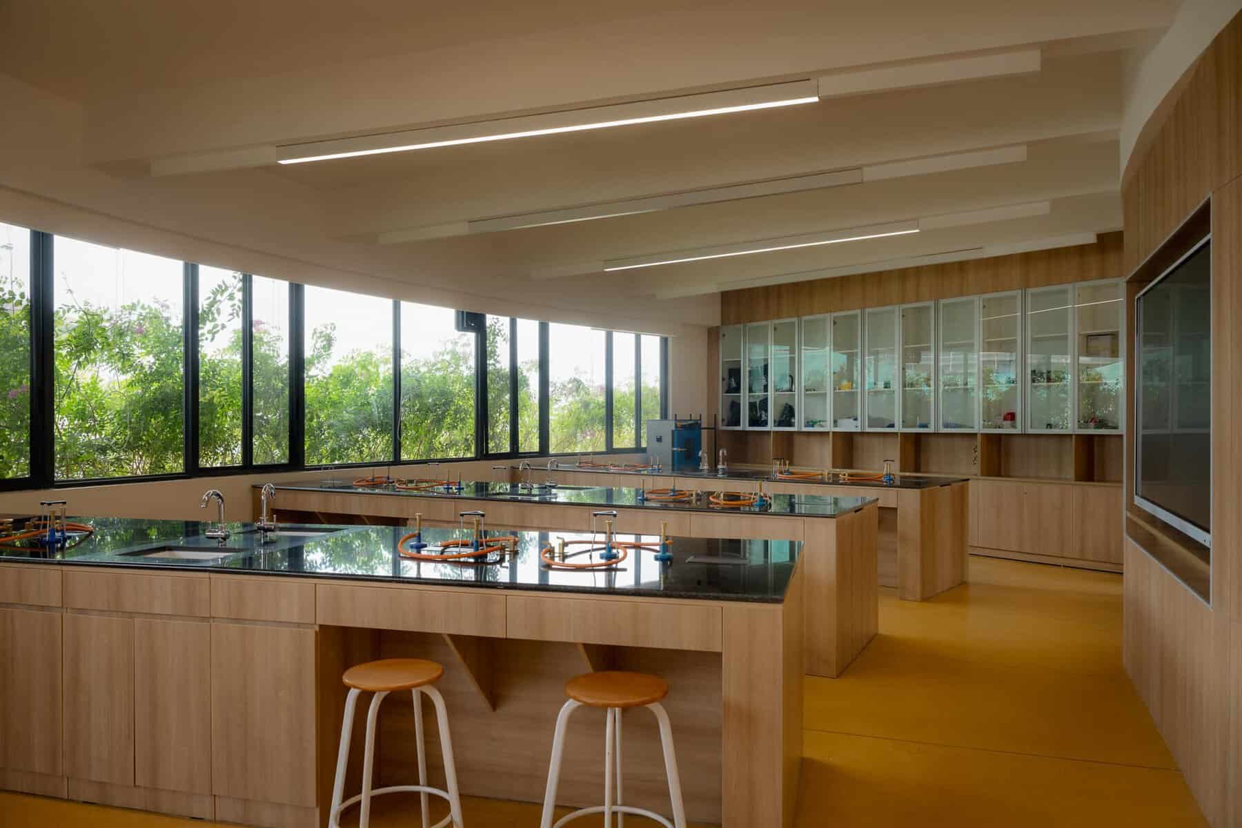 Bright modern classroom with large windows, wooden furniture, and science lab stations for student l.