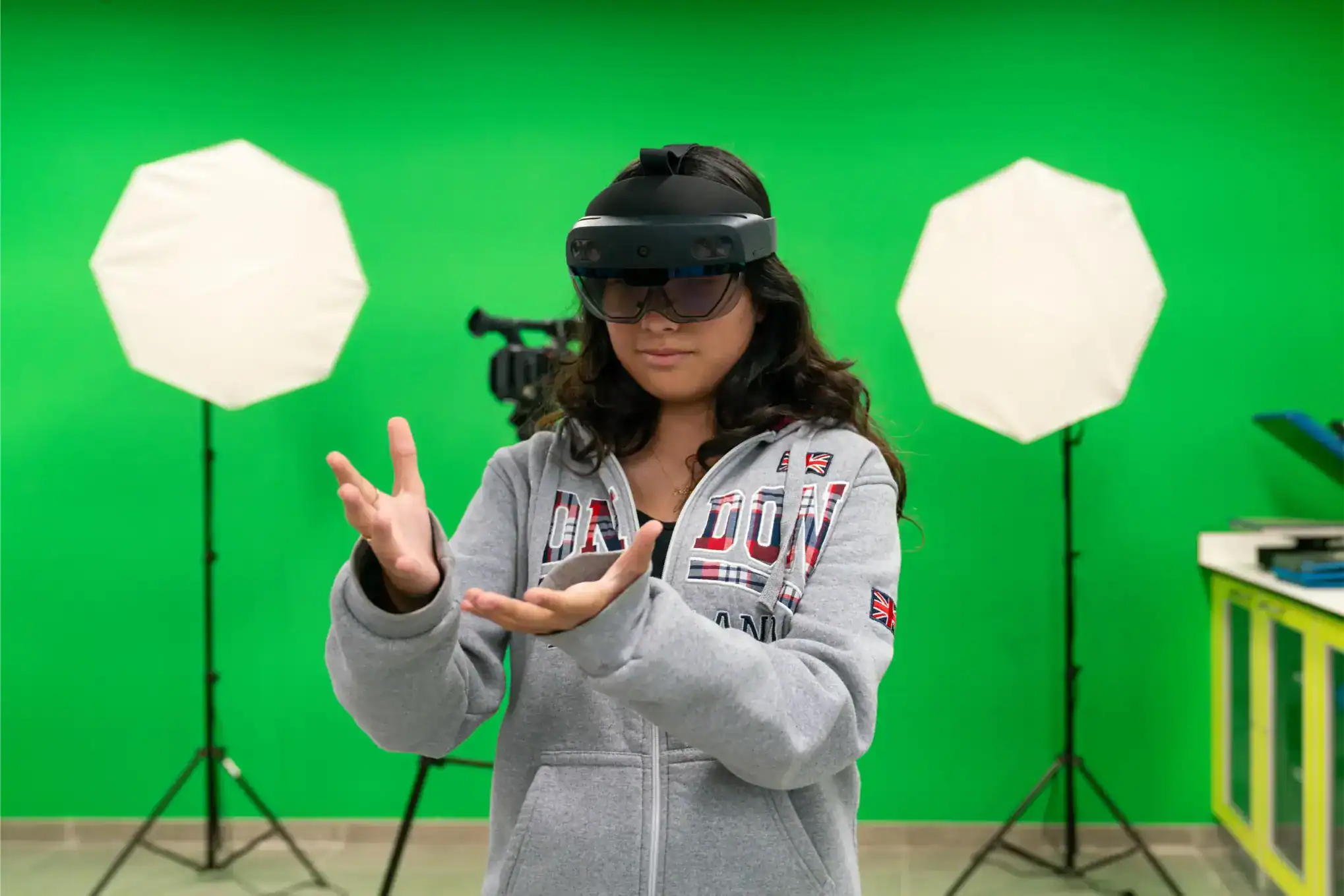 Virtual reality student exploring immersive learning experience at a modern international school.