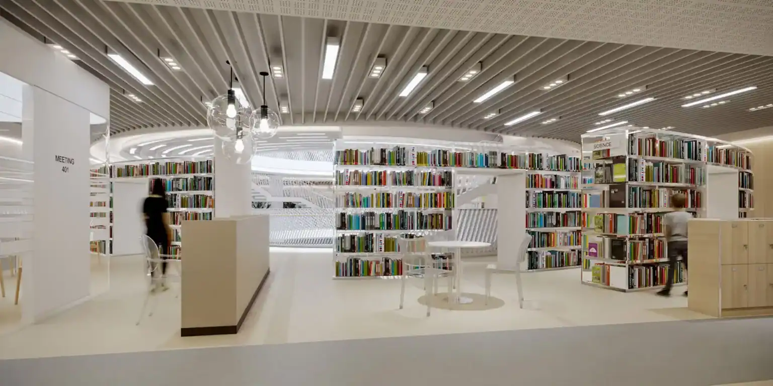 Bright modern school library filled with white bookshelves, students studying, innovative interior design for educational excellence.