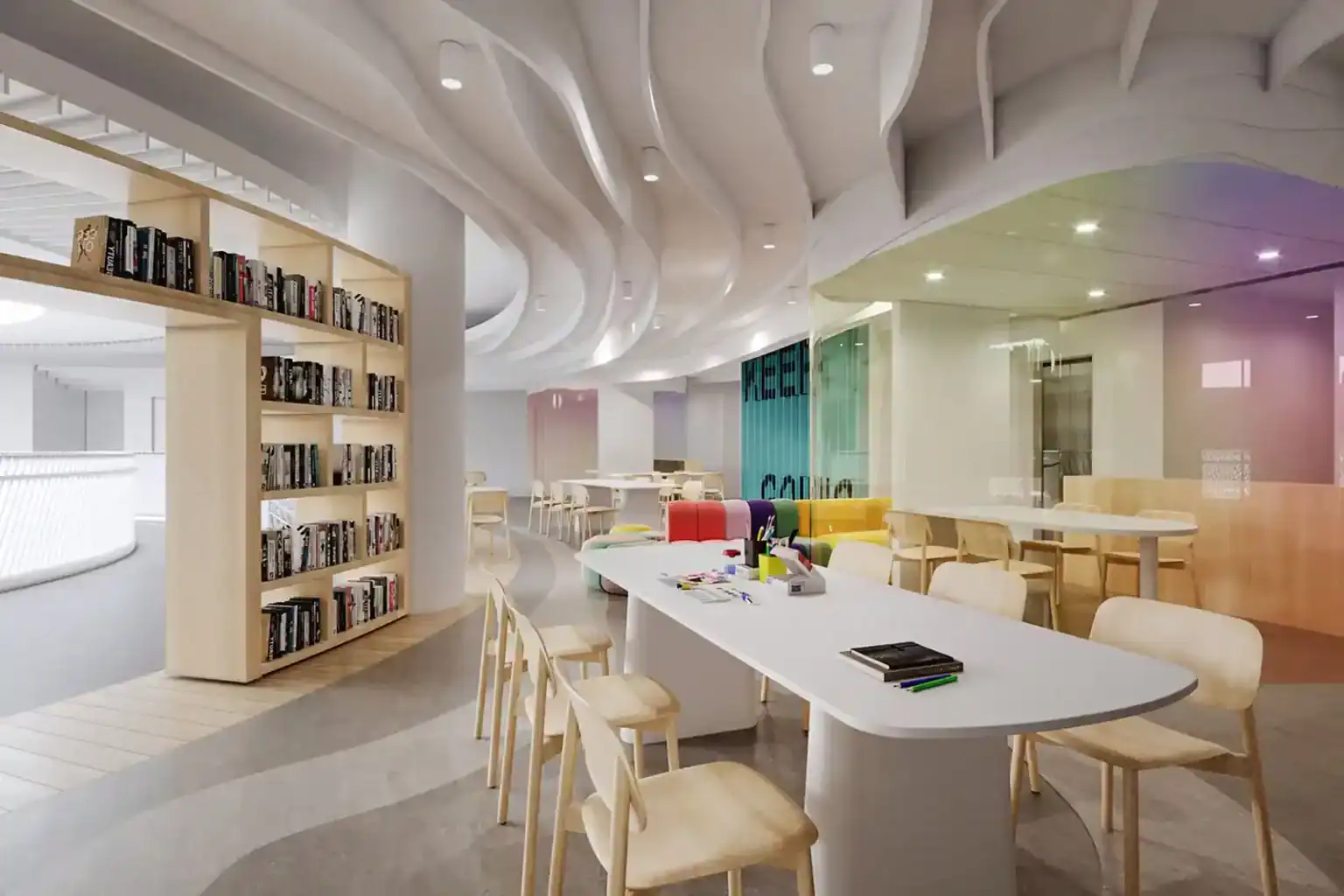 Bright modern library and study area at World Schools educational facility focusing on innovative learning spaces.