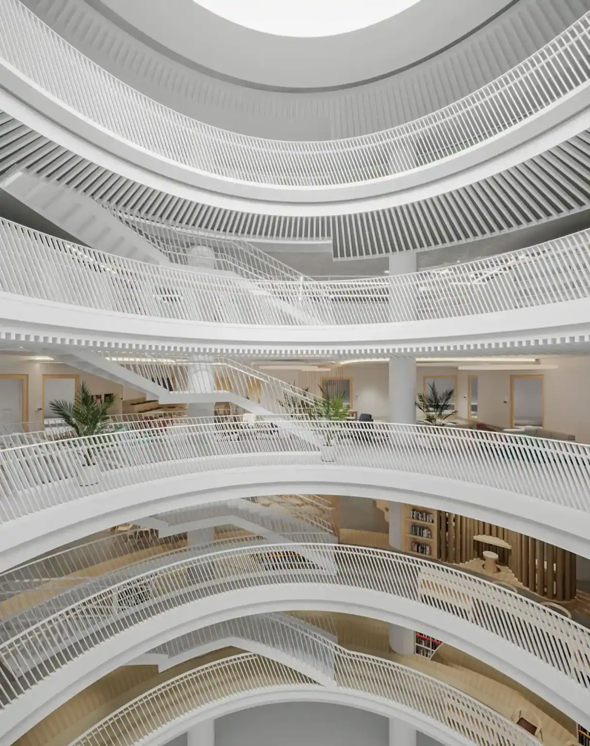 Bright modern university atrium with multiple white balconies and natural lighting.