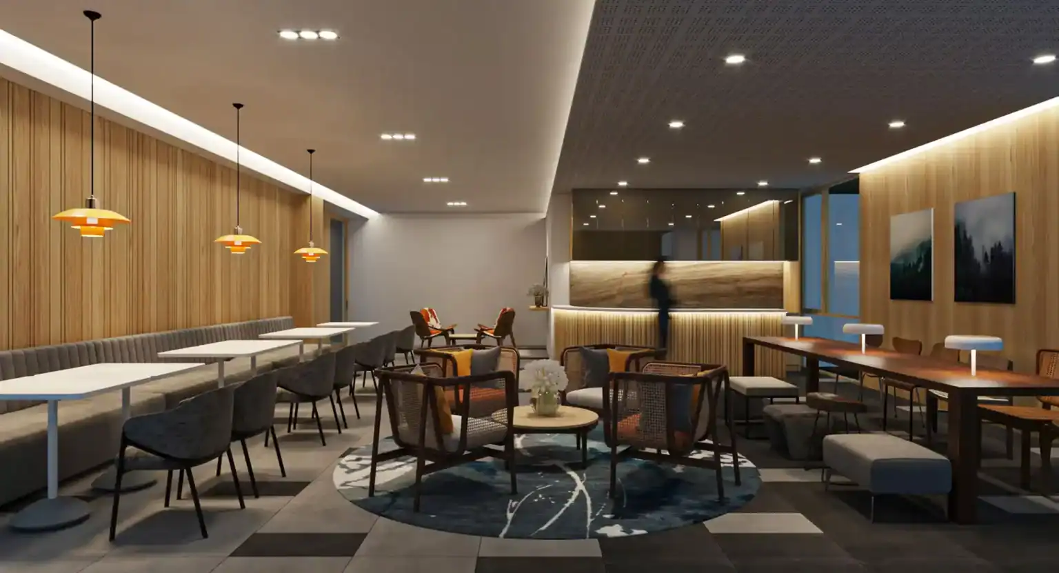 Modern school lobby with stylish seating and ambient lighting for student arrivals and meetings.