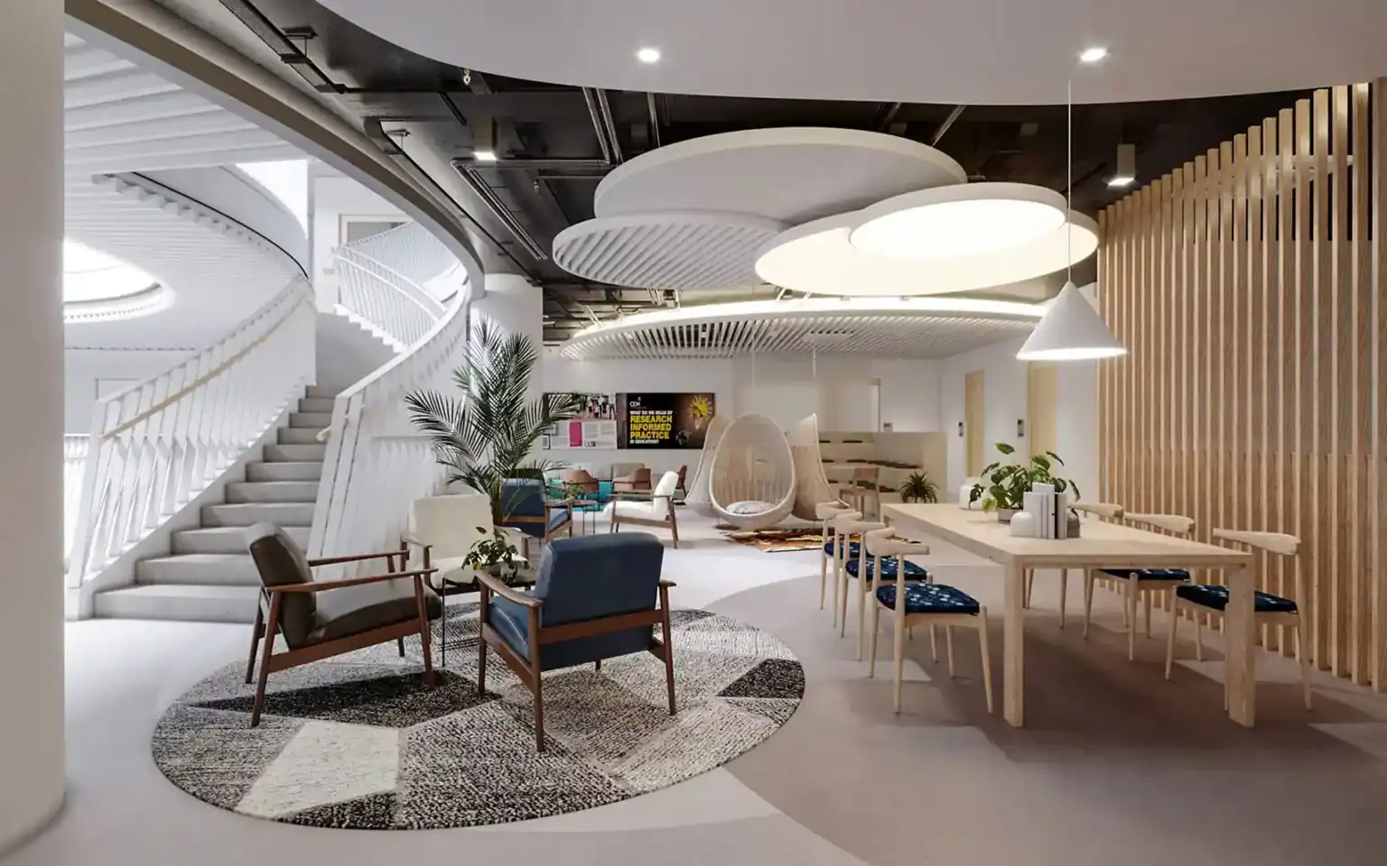 Bright modern school lobby with comfortable seating and stylish design elements.