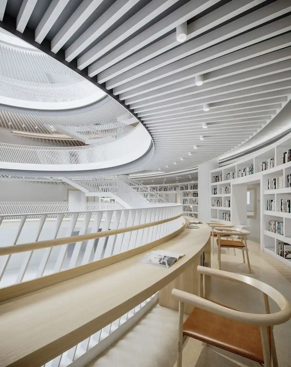 Modern library interior with white curved railings and bookshelves, emphasizing innovative school design.