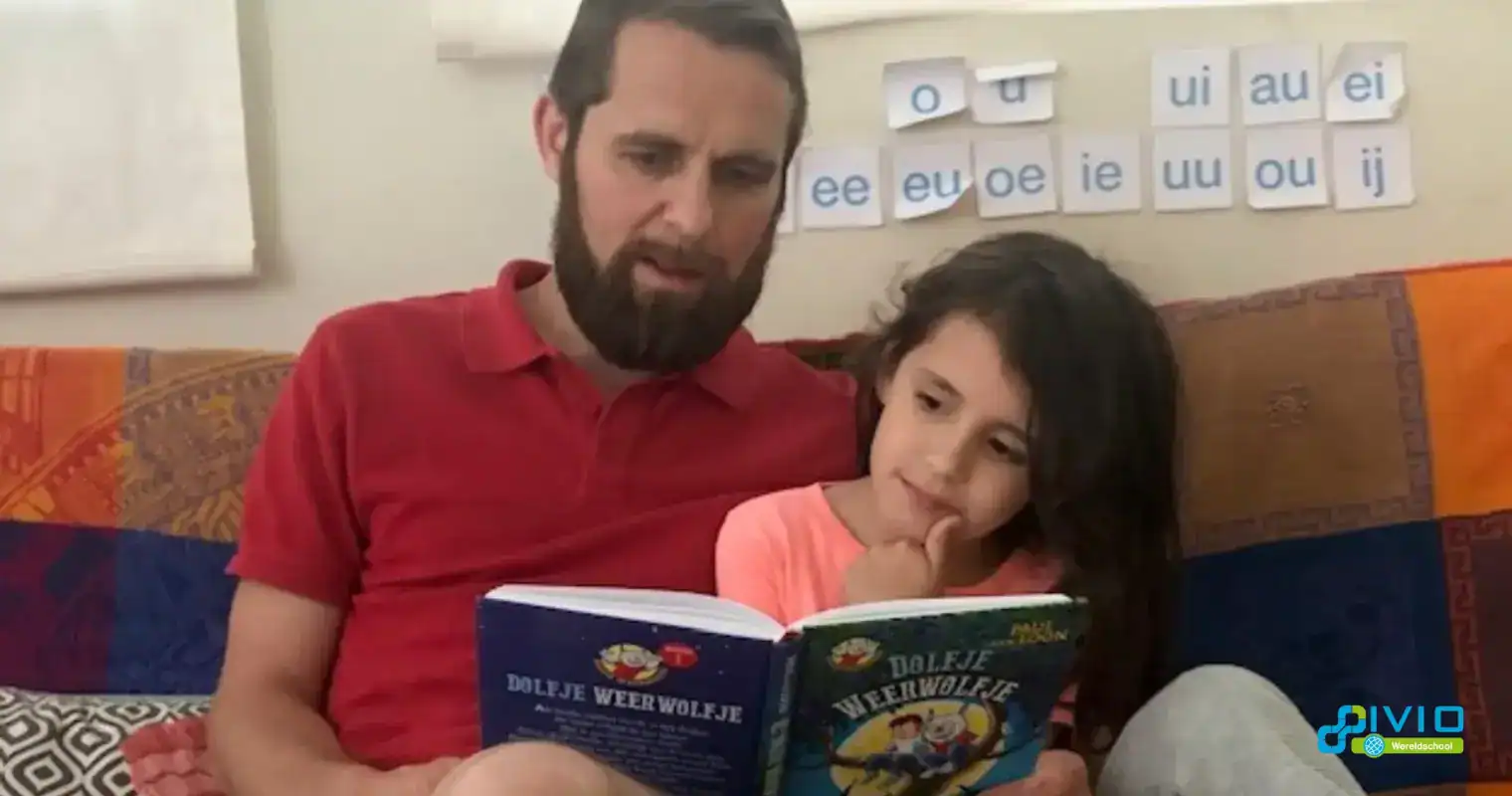 1. Children reading with father, multicultural learning environment, early childhood education.