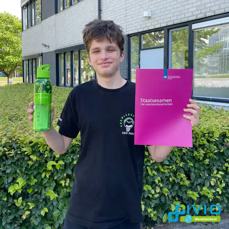 Bright young student celebrating success at World Schools with exam documents and eco-friendly water bottle.