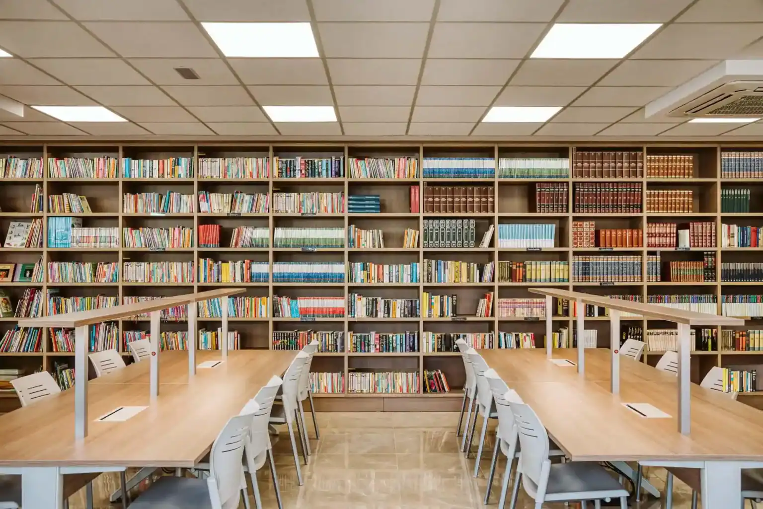 Extensive library with shelves filled with colorful books and study tables for student learning.