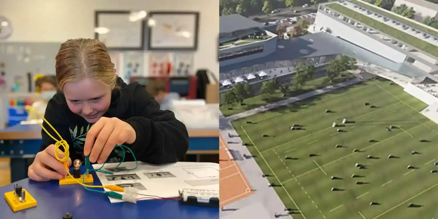 Engaging student working on science project at school; modern campus with sports field and green spaces.
