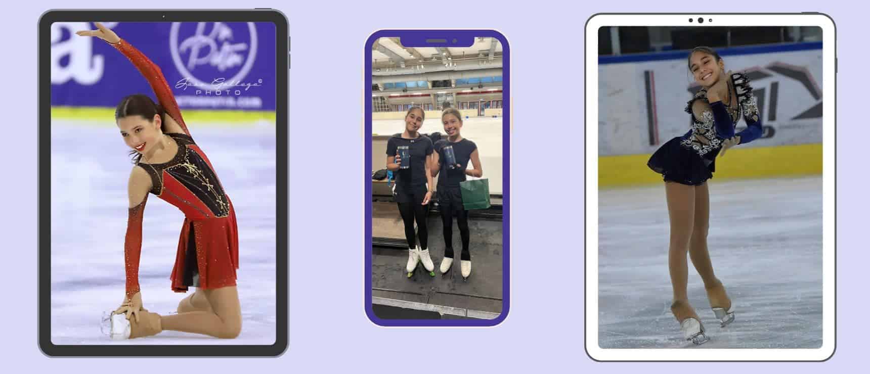 Elegant young figure skaters performing and celebrating achievements at a world schools ice skating event.