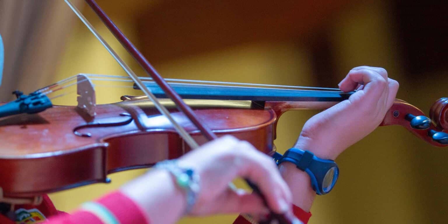 Elegant violinist playing music, showcasing musical education excellence at World Schools.