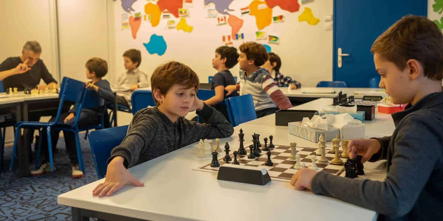 Young students playing chess in a classroom at a world school, promoting strategic thinking and global learning.