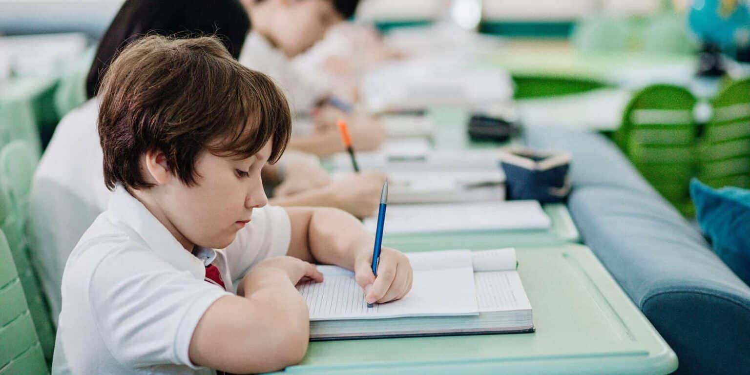 Young student focused on writing at school desk in a classroom.