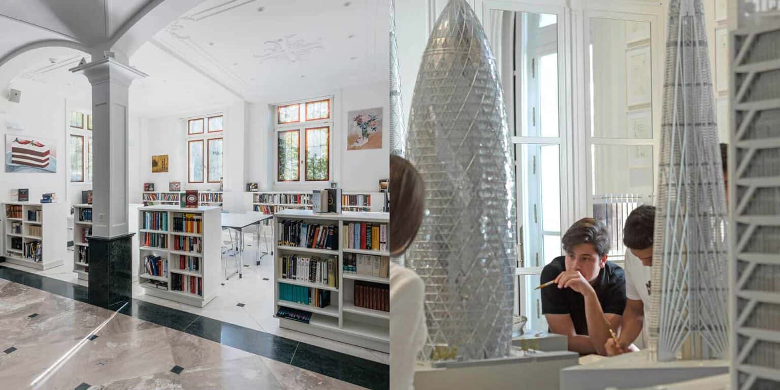 Modern school library with white shelves and large windows, promoting innovative learning environments.
