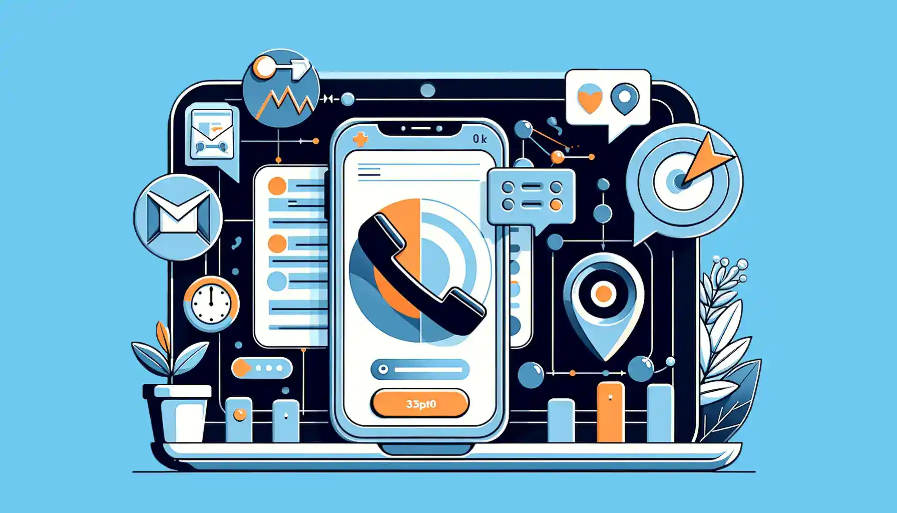 Smartphones and digital icons representing communication and technology on a blue background, emphasizing innovative learning in global education.