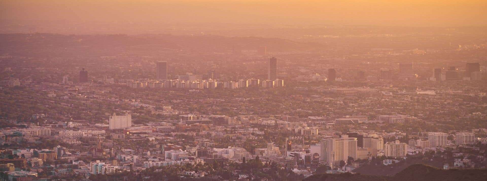 Sophisticated city skyline with high-rise buildings and urban landscape at sunset.