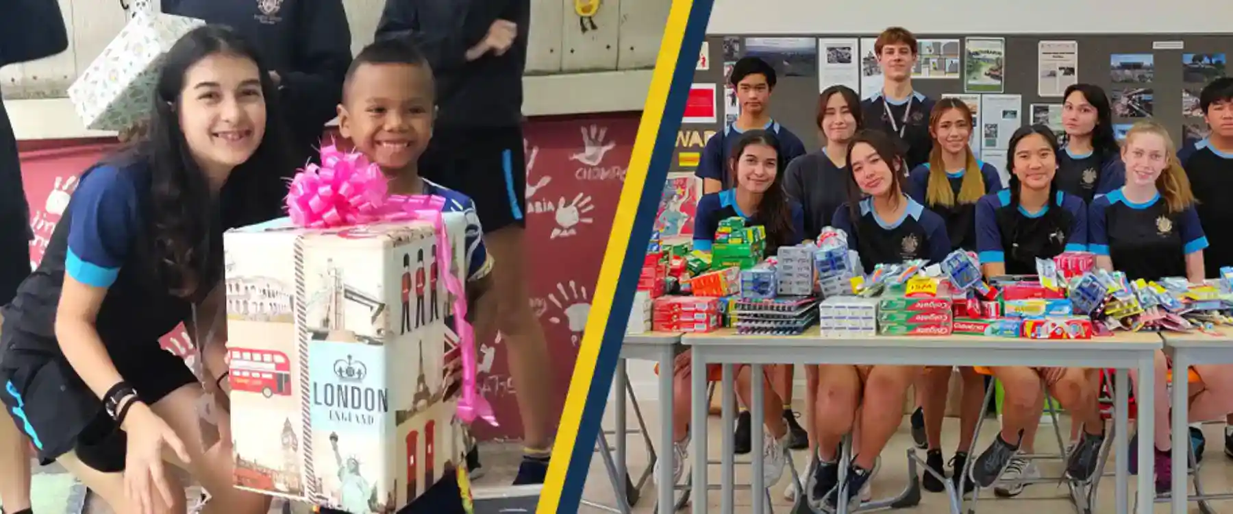 Bright, diverse students engaged in charity activities at international schools promoting global education.