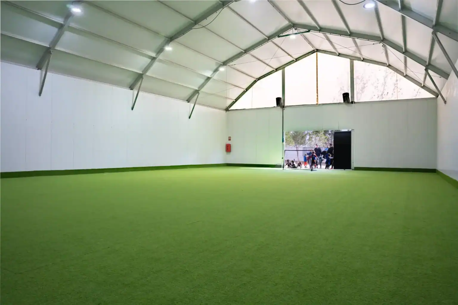 Indoor sports hall with green artificial turf at Liceo Europeo.