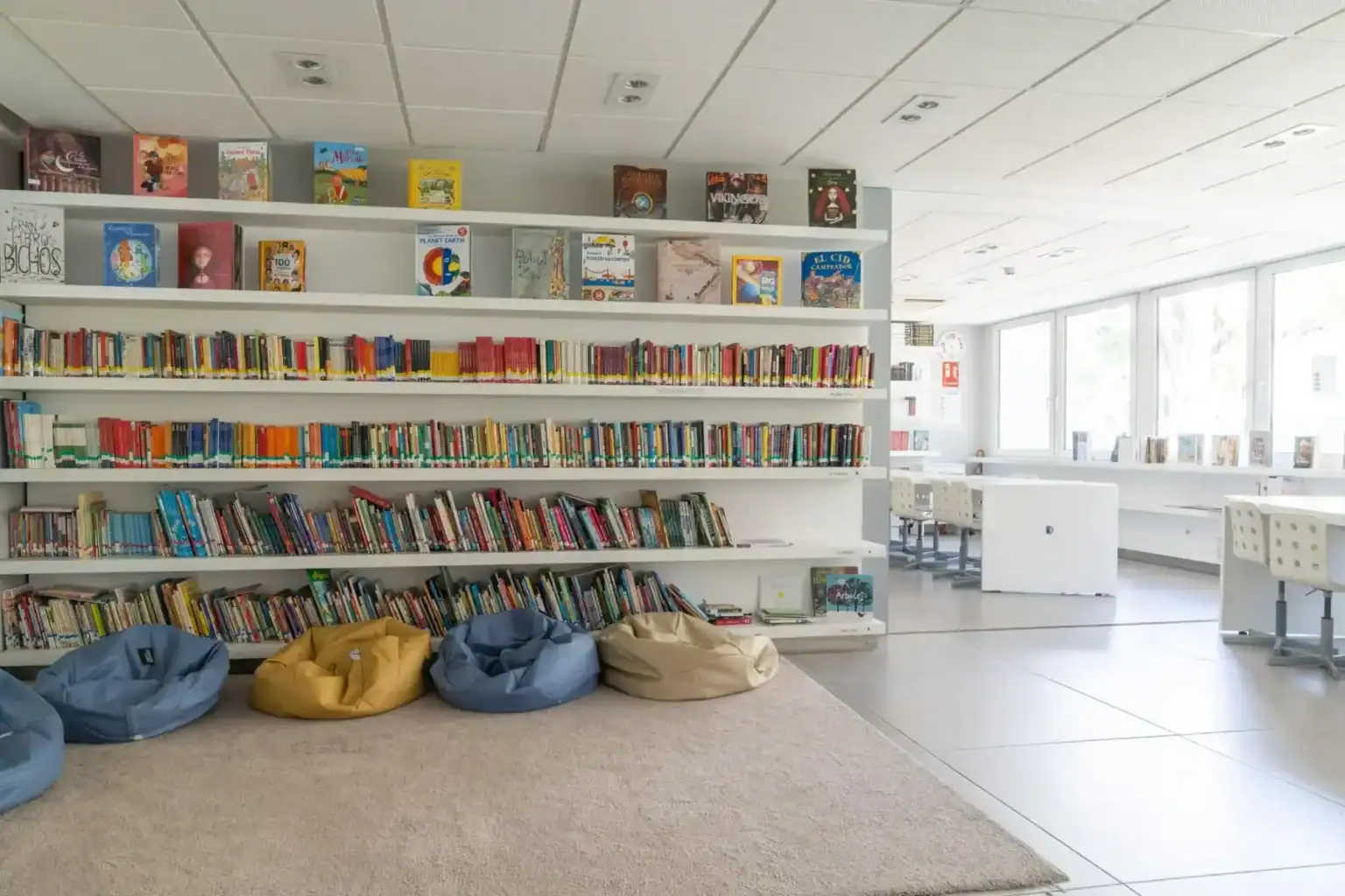 School library with bookshelves and comfortable seating at Liceo Europeo.