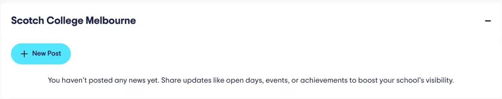 Post school news and updates 2 Bright blue "New Post" button on school's news page, no recent updates visible.
