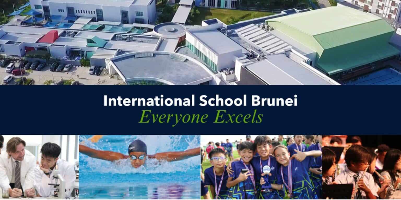 Modern international school campus in Brunei with students excelling academically and in extracurricular activities.