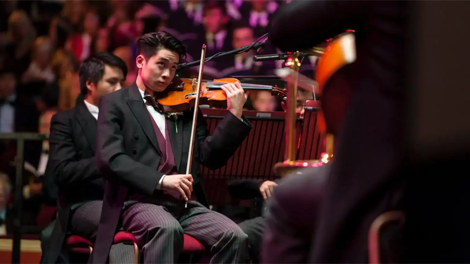 Young male violinist performing at a school event, showcasing musical talent and discipline.