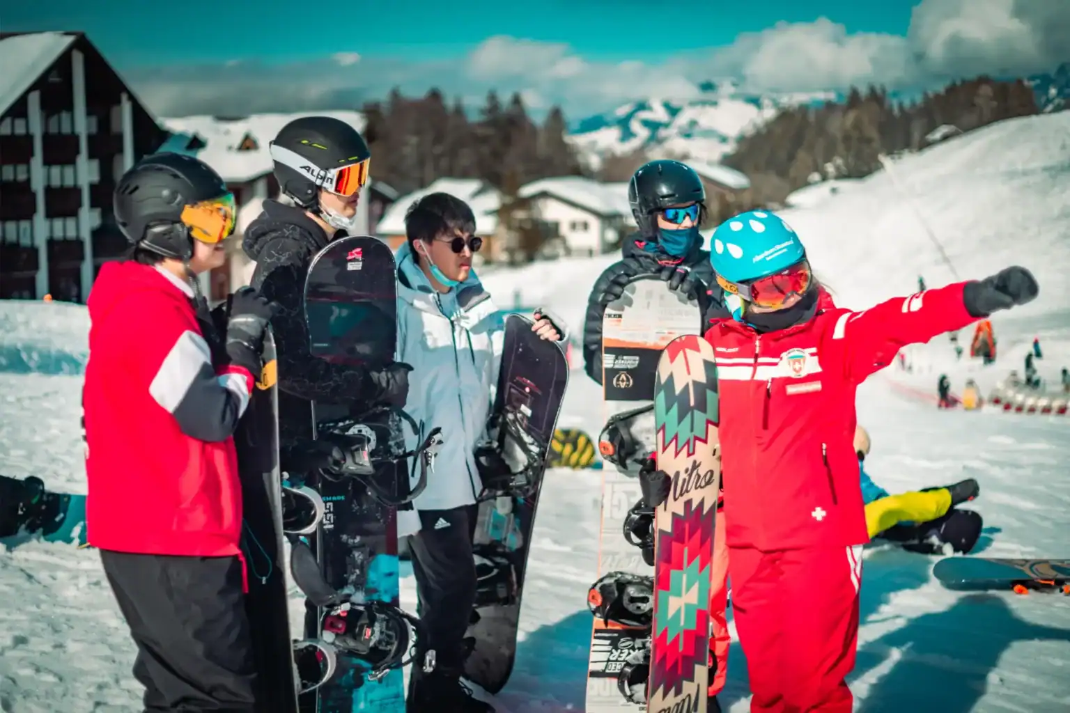 Skier group with instructor on snowy mountain, winter sports, youth skiing lessons, active outdoor adventure.