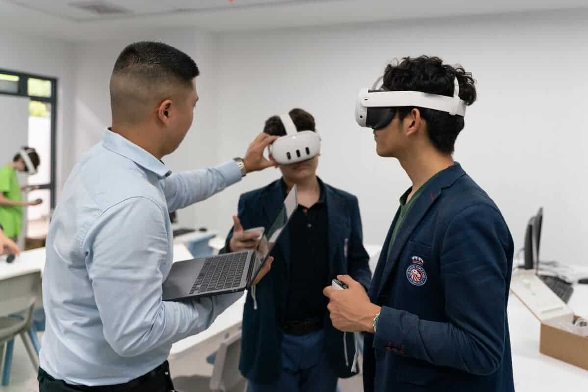 Students engaging with virtual reality technology for innovative learning experiences at a world school.