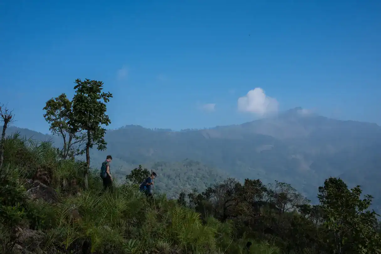 学生们在世界学校的户外学校旅行中探索郁郁葱葱的山景。.