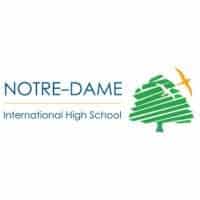 Modern Notre-Dame International High School logo with tree and cross icon.