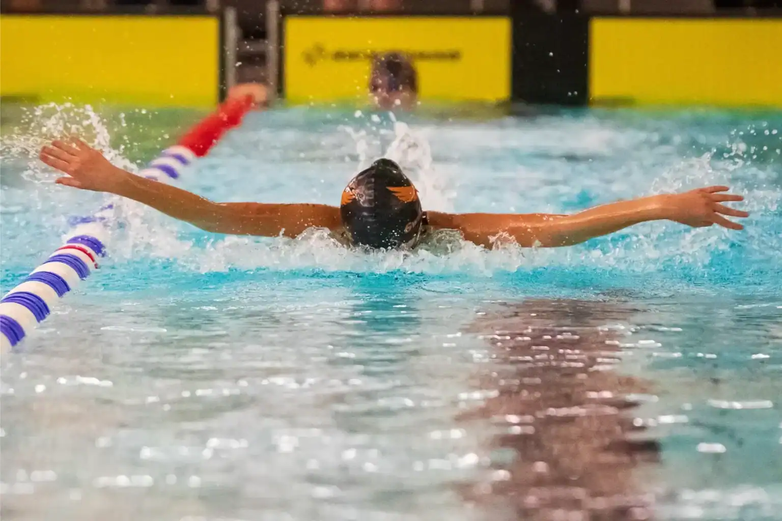High school student swimming freestyle, competitive aquatic training at World Schools.