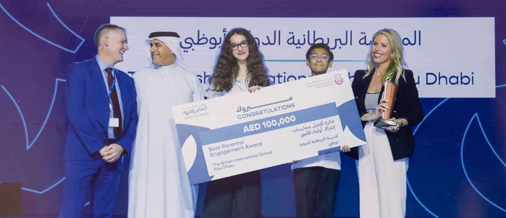 Award ceremony at World Schools Abu Dhabi celebrating excellence in international education and parental engagement.