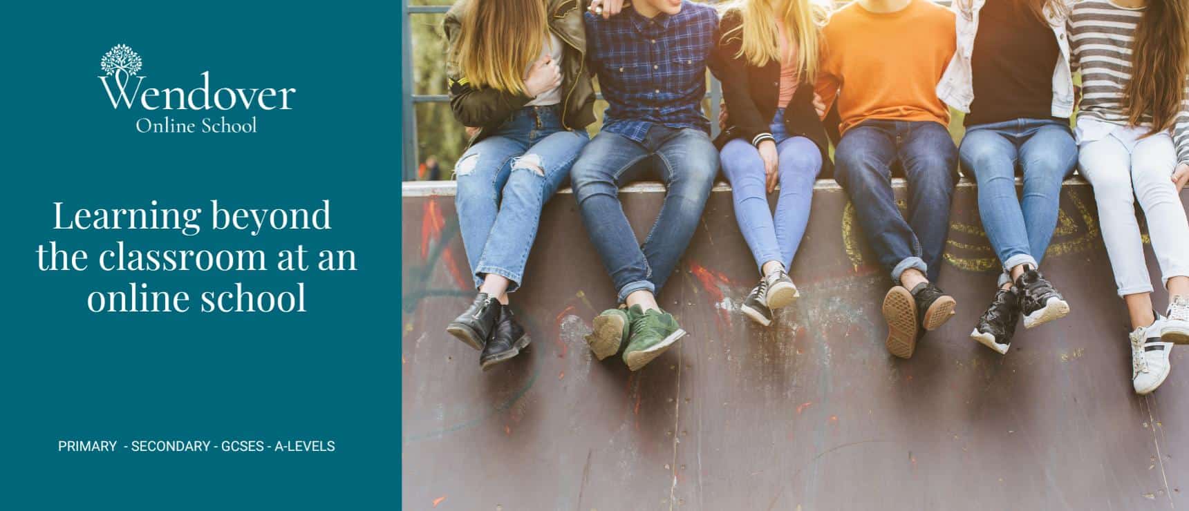 Children sitting on a skate park ledge, socializing outdoors, representing online school learning.