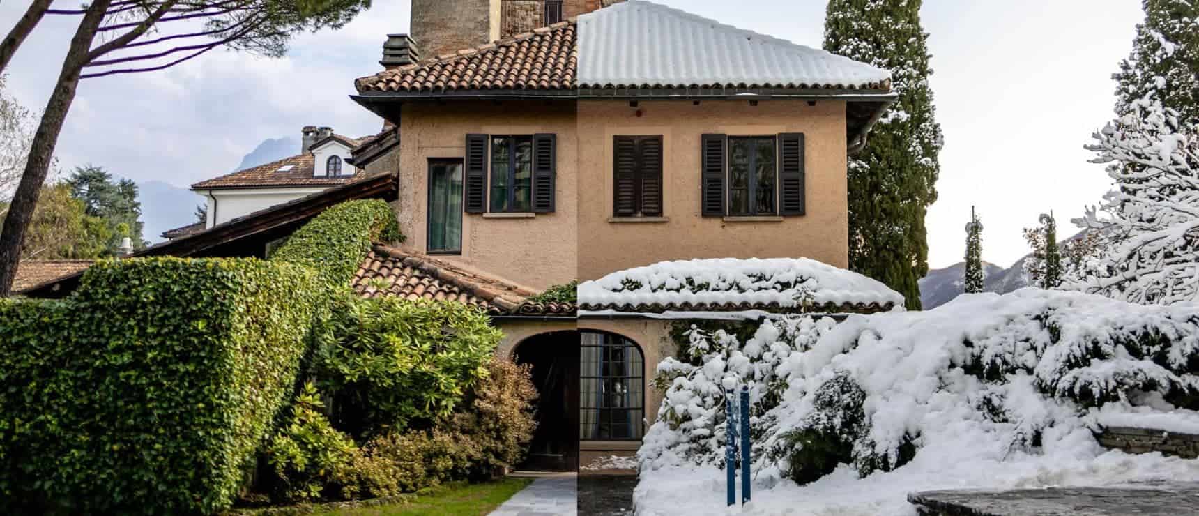 Large house with lush gardens in summer and snow-covered landscape in winter, showcasing seasonal beauty.