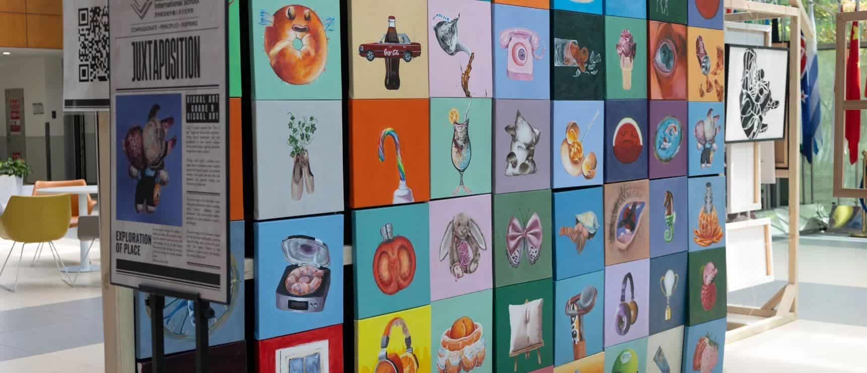 Colorful artistic art display at World Schools showcasing creative student projects and creative arts education.