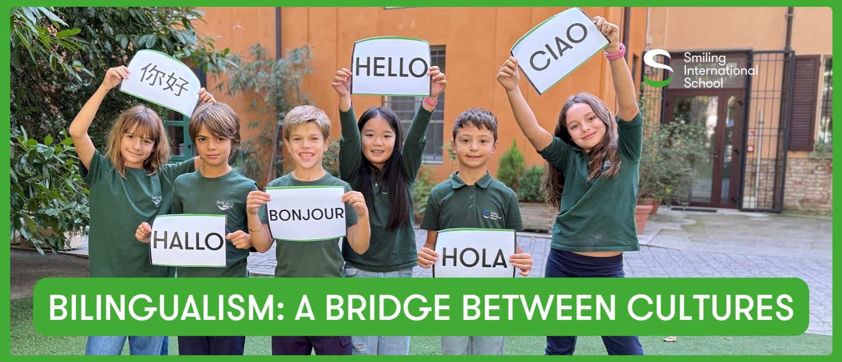 Hello, bilingual children celebrating cultural diversity, smiling with multilingual greeting signs at a school garden, promoting global education and inclusion.