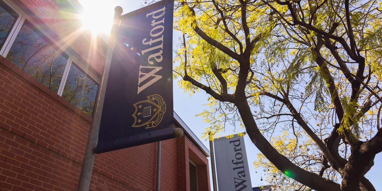 Arka planda bayraklar ve sonbahar ağaçları ile prestijli bir Dünya Okulunda parlak güneşli bir gün.