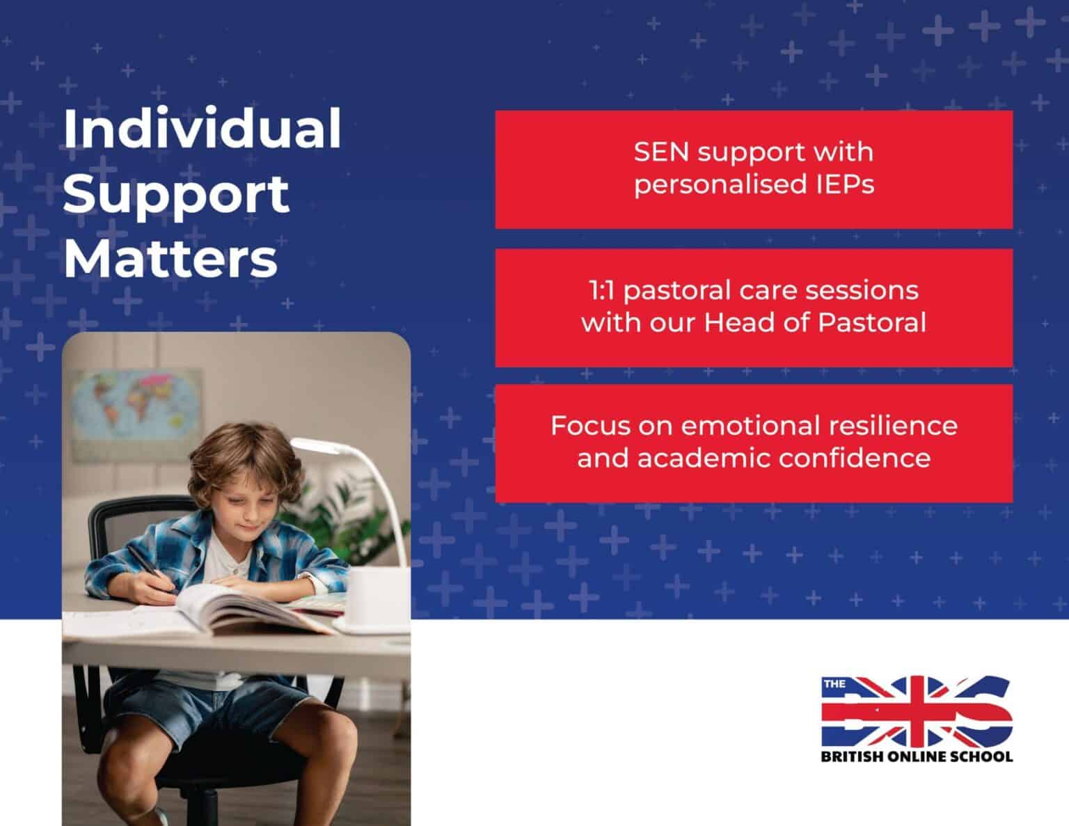 Flexible, tailored support for students' emotional resilience and academic confidence at British Online School.