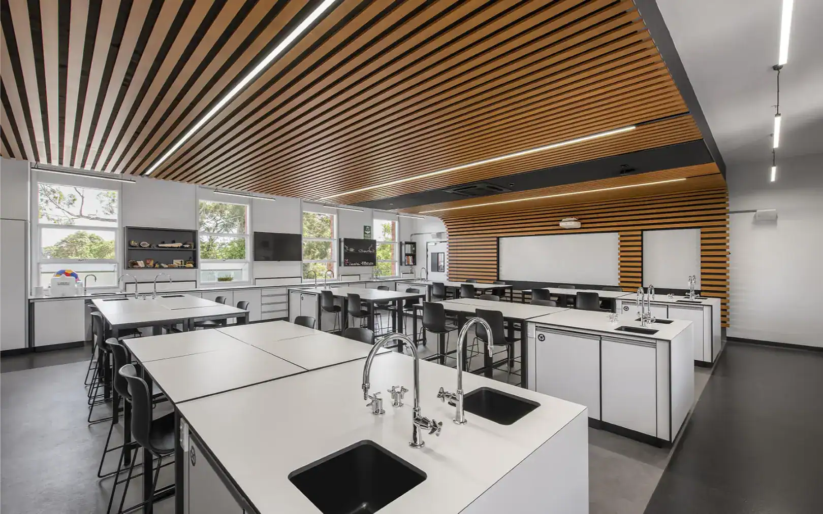 Modern school science laboratory with white countertops, black sinks, and ample natural light.